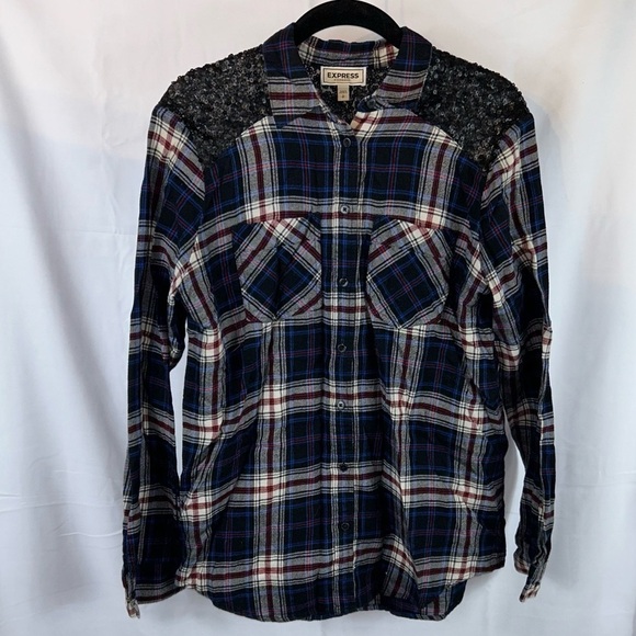 Express Shirt Western Boyfriend Flannel Plaid Sequin Button Down Long Sleeve Top - Picture 12 of 14